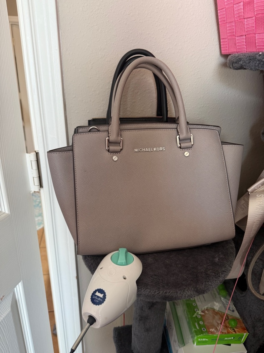 Michael Kors Taupe Saffiano Satchel with Dual Top Handles